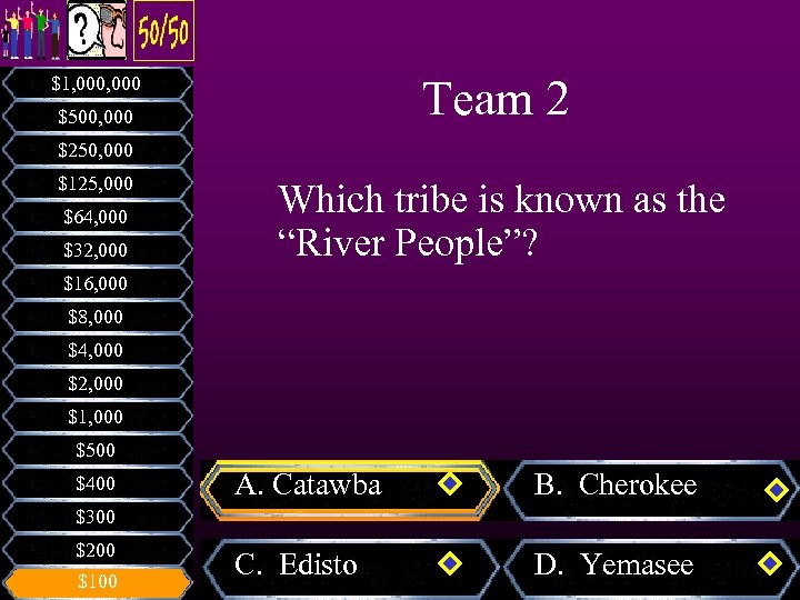 Team 2 $1, 000 $500, 000 $250, 000 $125, 000 $64, 000 $32, 000