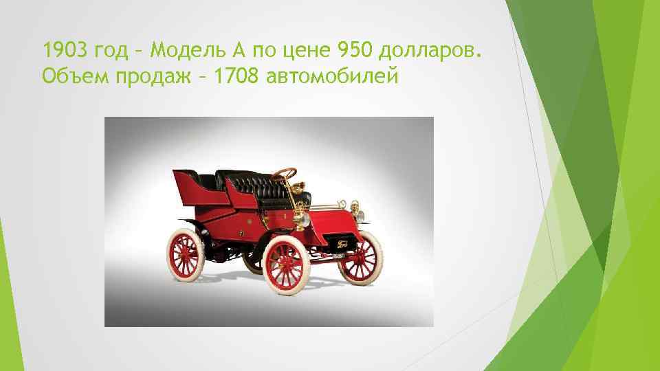 1903 год – Модель А по цене 950 долларов. Объем продаж – 1708 автомобилей