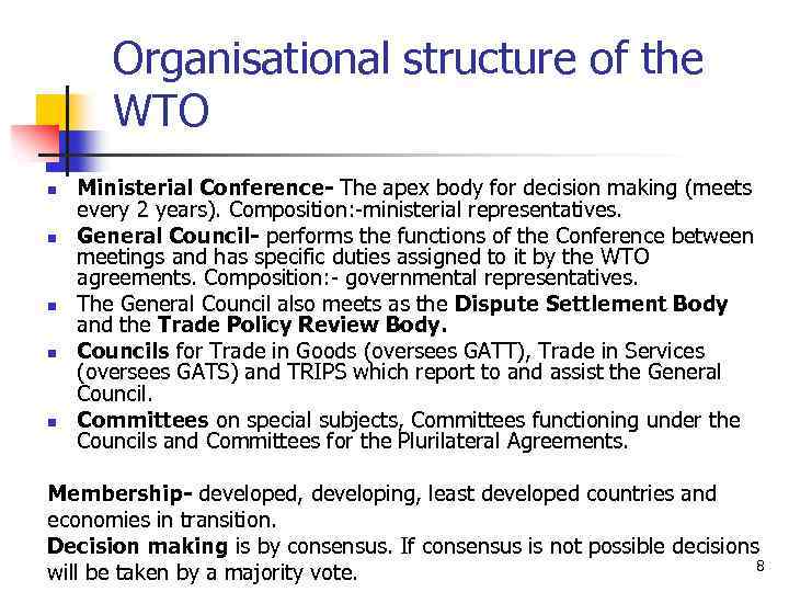 Organisational structure of the WTO n n n Ministerial Conference- The apex body for