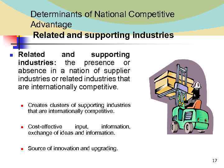 Determinants of National Competitive Advantage Related and supporting industries n Related and supporting industries: