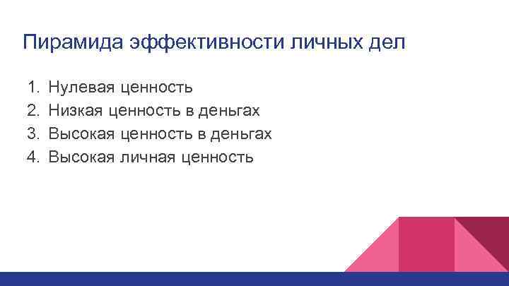 Пирамида эффективности личных дел 1. 2. 3. 4. Нулевая ценность Низкая ценность в деньгах
