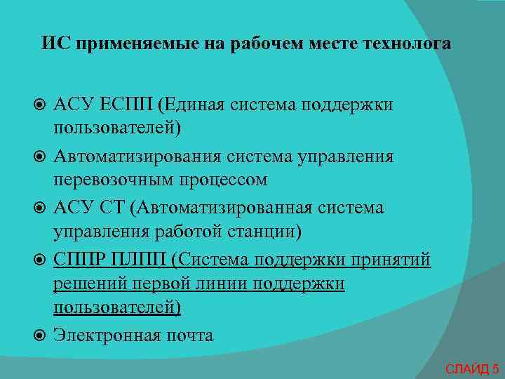 ИС применяемые на рабочем месте технолога АСУ ЕСПП (Единая система поддержки пользователей) Автоматизирования система