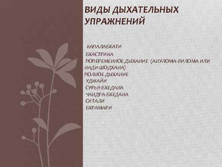 ВИДЫ ДЫХАТЕЛЬНЫХ УПРАЖНЕНИЙ КАПАЛАБХАТИ БХАСТРИКА ПОПЕРЕМЕННОЕ ДЫХАНИЕ (АНУЛОМА-ВИЛОМА ИЛИ НАДИ-ШОДХАНА) ПОЛНОЕ ДЫХАНИЕ УДЖАЙИ СУРЬЯ-БХЕДАНА