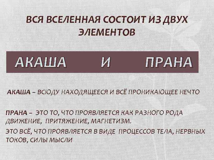 ВСЯ ВСЕЛЕННАЯ СОСТОИТ ИЗ ДВУХ ЭЛЕМЕНТОВ АКАША И И ПРАНА АКАША – ВСЮДУ НАХОДЯЩЕЕСЯ