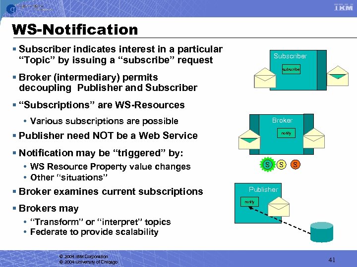 WS-Notification § Subscriber indicates interest in a particular “Topic” by issuing a “subscribe” request