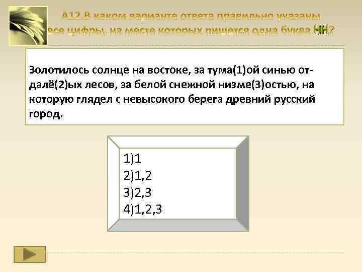 НН Золотилось солнце на востоке, за тума(1)ой синью отдалё(2)ых лесов, за белой снежной низме(3)остью,