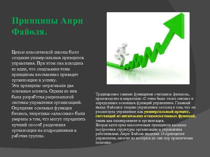 Принципы Анри Файоля. Целью классической школы было создание универсальных принципов управления. При этом она