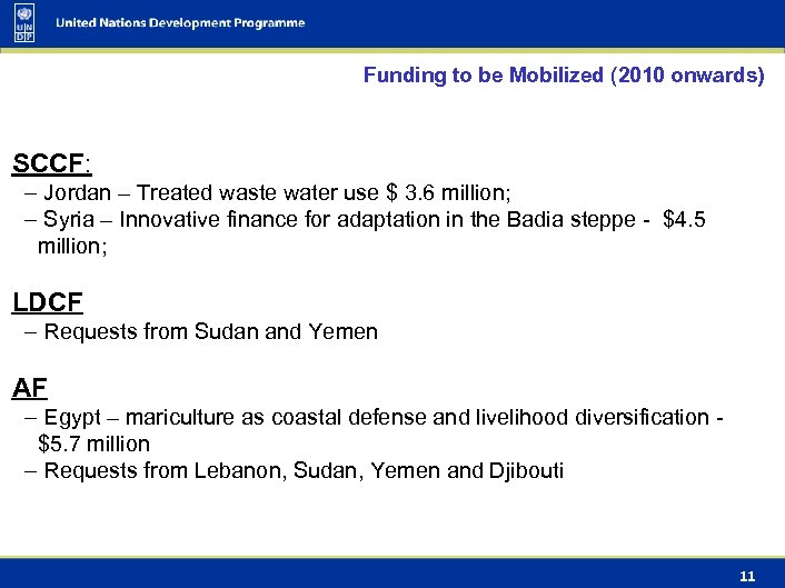 Funding to be Mobilized (2010 onwards) SCCF: – Jordan – Treated waste water use