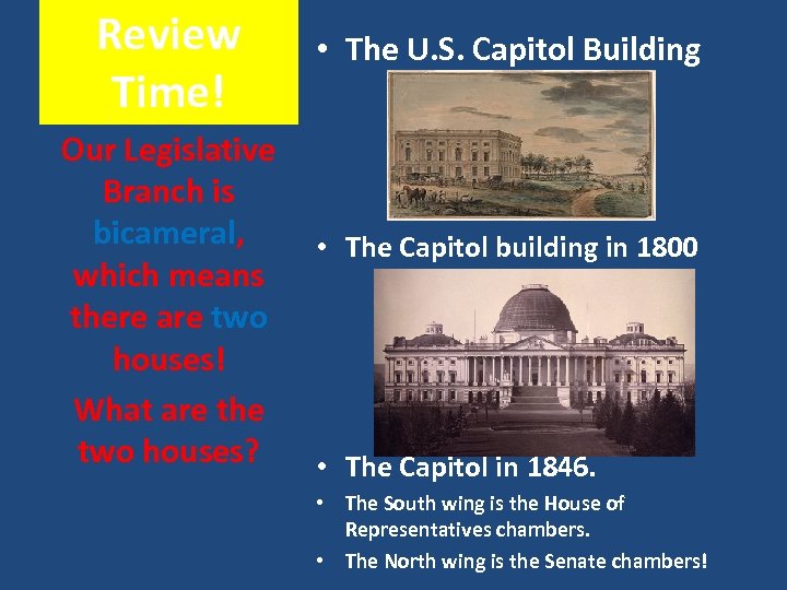 Review Time! • The U. S. Capitol Building Our Legislative Branch is bicameral, •