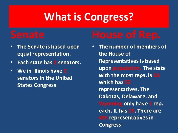 What is Congress? Senate House of Rep. • The Senate is based upon equal