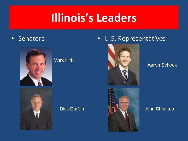 Illinois’s Leaders • Senators • U. S. Representatives Mark Kirk Dick Durbin Aaron Schock