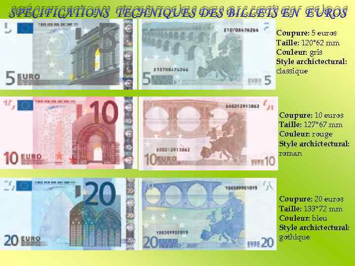 SPÉCIFICATIONS TECHNIQUES DES BILLETS EN EUROS Coupure: 5 euros Taille: 120*62 mm Couleur: gris