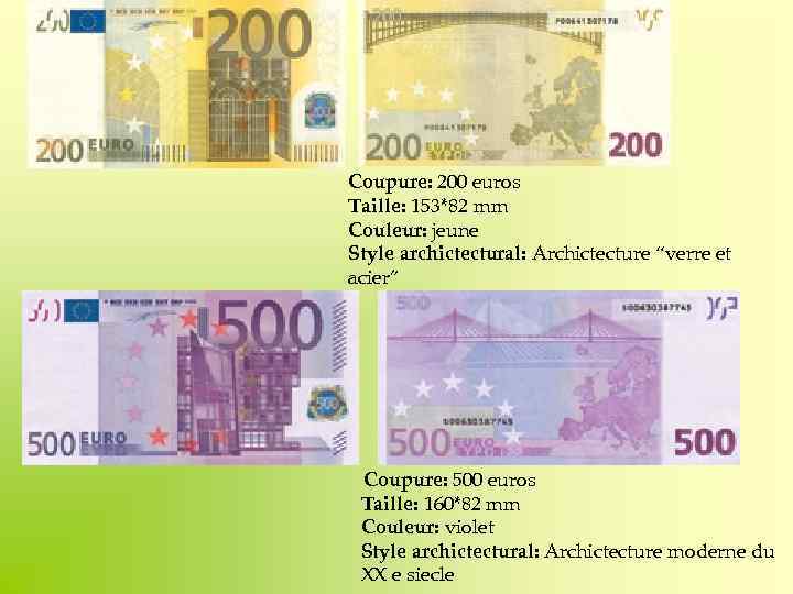 Coupure: 200 euros Taille: 153*82 mm Couleur: jeune Style archictectural: Archictecture “verre et acier”