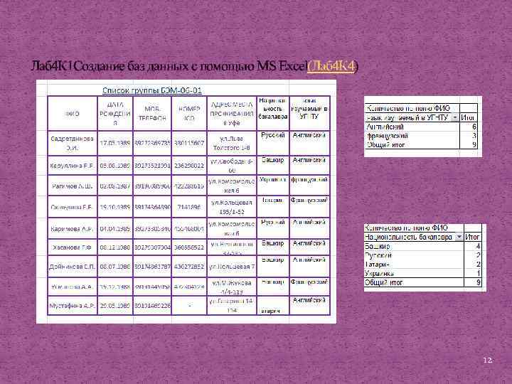 Лаб 4 К 1 Создание баз данных с помощью MS Excel(Лаб 4 К 4)