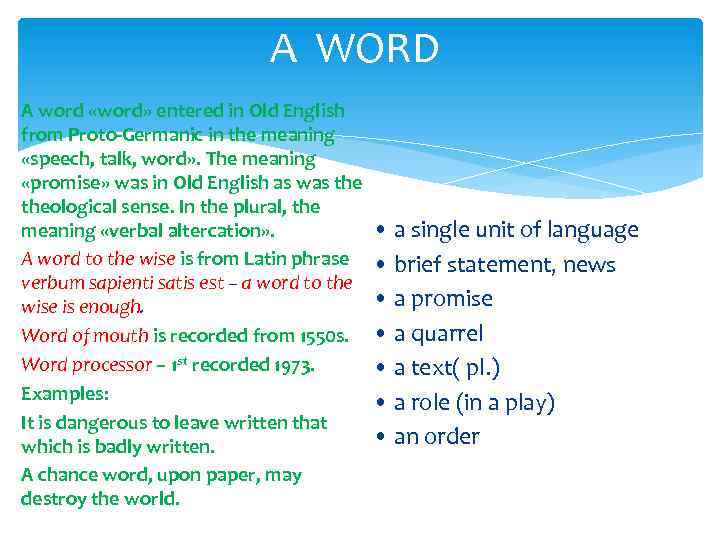 A WORD A word «word» entered in Old English from Proto-Germanic in the meaning