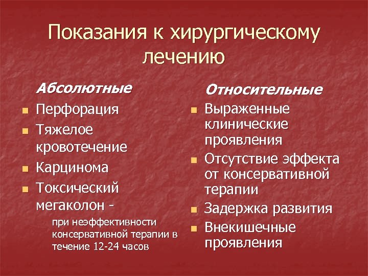 Показания к хирургическому лечению Абсолютные n n Перфорация Тяжелое кровотечение Карцинома Токсический мегаколон при