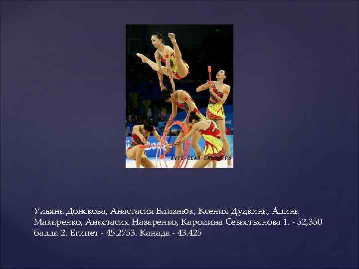 Ульяна Донскова, Анастасия Близнюк, Ксения Дудкина, Алина Макаренко, Анастасия Назаренко, Каролина Севастьянова 1. -