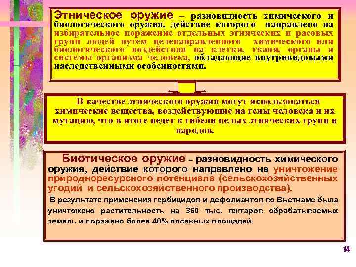 Этническое оружие – разновидность химического и биологического оружия, действие которого направлено на избирательное поражение