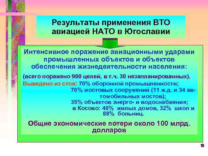 Результаты применения ВТО авиацией НАТО в Югославии Интенсивное поражение авиационными ударами промышленных объектов и