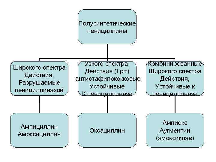 Полусинтетические пенициллины Широкого спектра Действия, Разрушаемые пенициллиназой Ампициллин Амоксициллин Узкого спектра Действия (Гр+) антистафилококковые