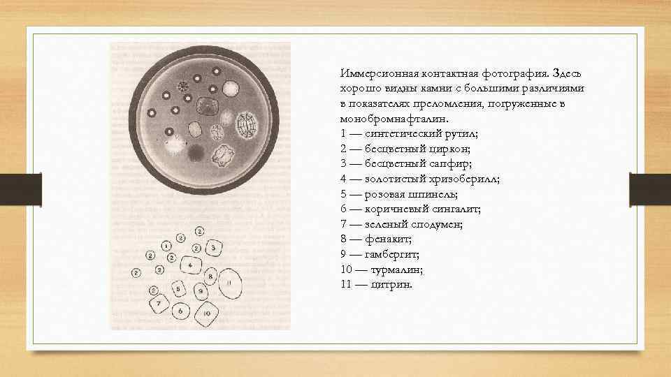 Иммерсионная контактная фотография. Здесь хорошо видны камни с большими различиями в показателях преломления, погруженные