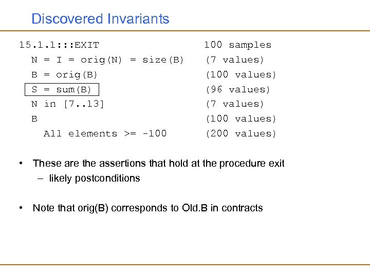Discovered Invariants 15. 1. 1: : : EXIT N = I = orig(N) =