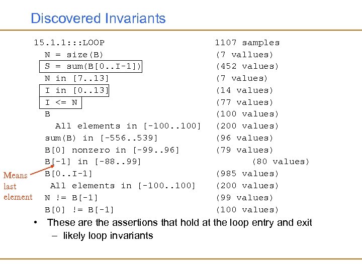 Discovered Invariants 15. 1. 1: : : LOOP N = size(B) S = sum(B[0.