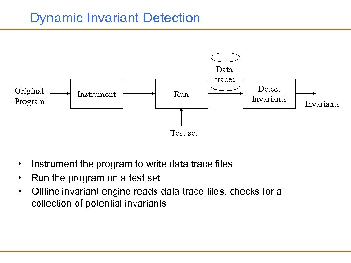 Dynamic Invariant Detection Data traces Original Program Instrument Run Detect Invariants Test set •