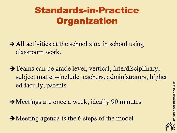 Standards-in-Practice Organization è All activities at the school site, in school using classroom work.