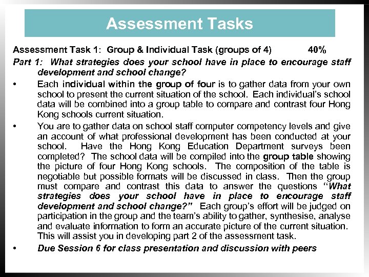 Assessment Tasks Assessment Task 1: Group & Individual Task (groups of 4) 40% Part