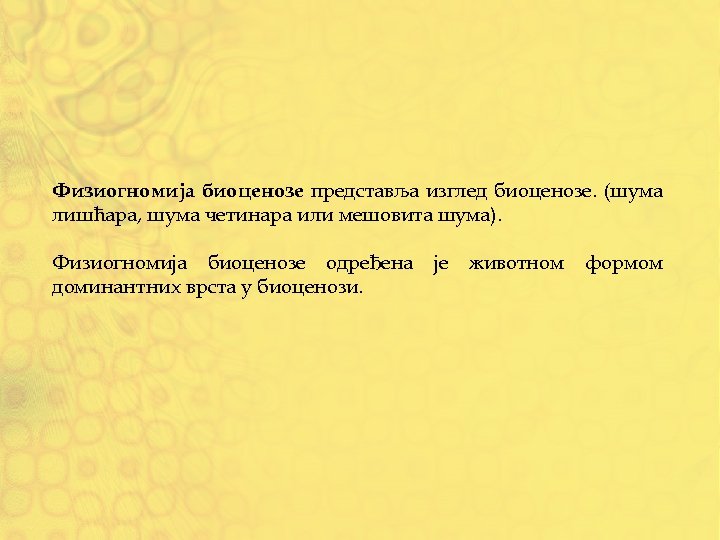 Физиогномија биоценозе представља изглед биоценозе. (шума лишћара, шума четинара или мешовита шума). Физиогномија биоценозе