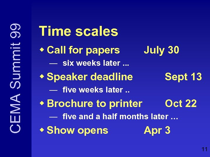CEMA Summit 99 Time scales w Call for papers July 30 — six weeks