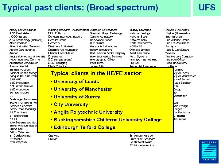 UFS Typical past clients: (Broad spectrum) Abbey Life Assurance ABB Kent Meters ACCO Europe