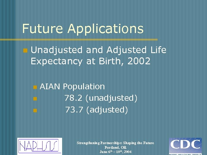 Future Applications n Unadjusted and Adjusted Life Expectancy at Birth, 2002 AIAN Population n