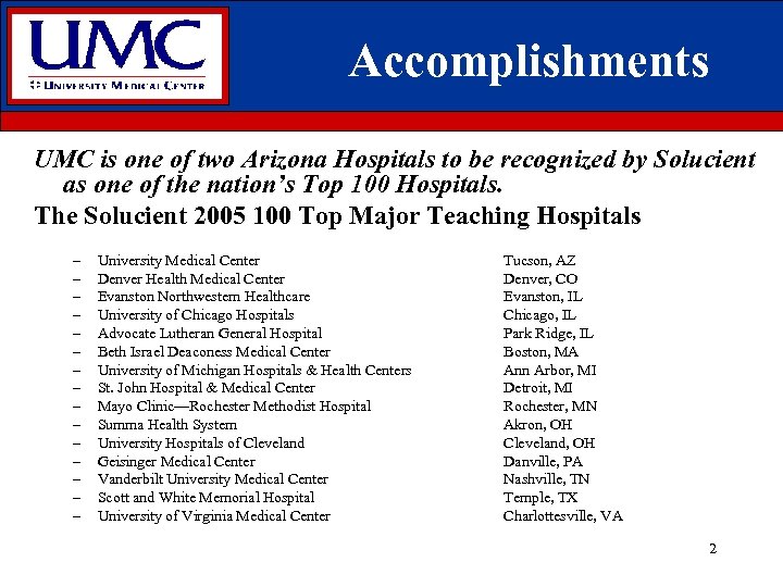 Accomplishments UMC is one of two Arizona Hospitals to be recognized by Solucient as