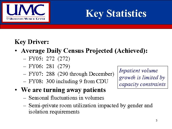 Key Statistics Key Driver: • Average Daily Census Projected (Achieved): – – FY 05: