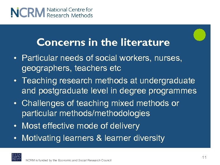 Concerns in the literature • Particular needs of social workers, nurses, geographers, teachers etc