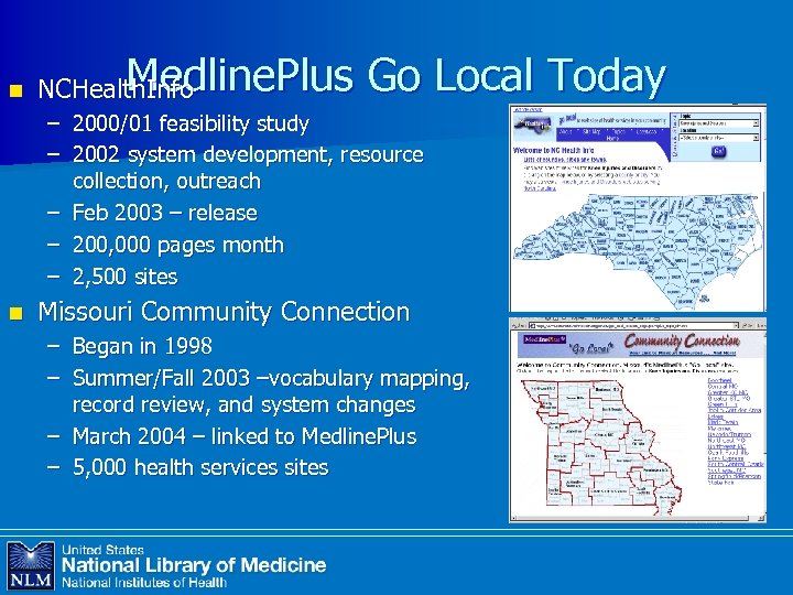 n Medline. Plus Go Local Today NCHealth. Info – 2000/01 feasibility study – 2002