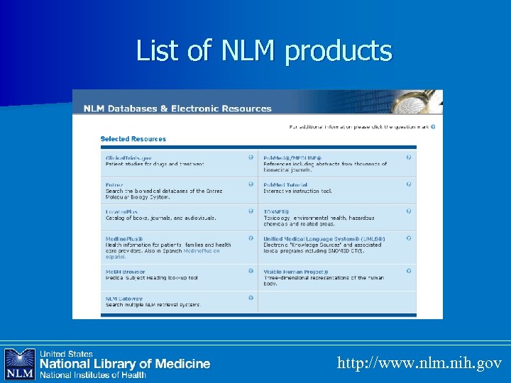 List of NLM products http: //www. nlm. nih. gov 