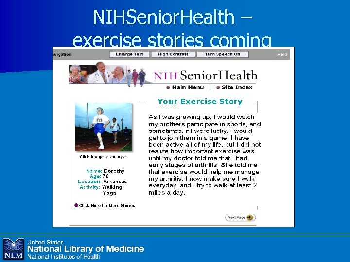 NIHSenior. Health – exercise stories coming 
