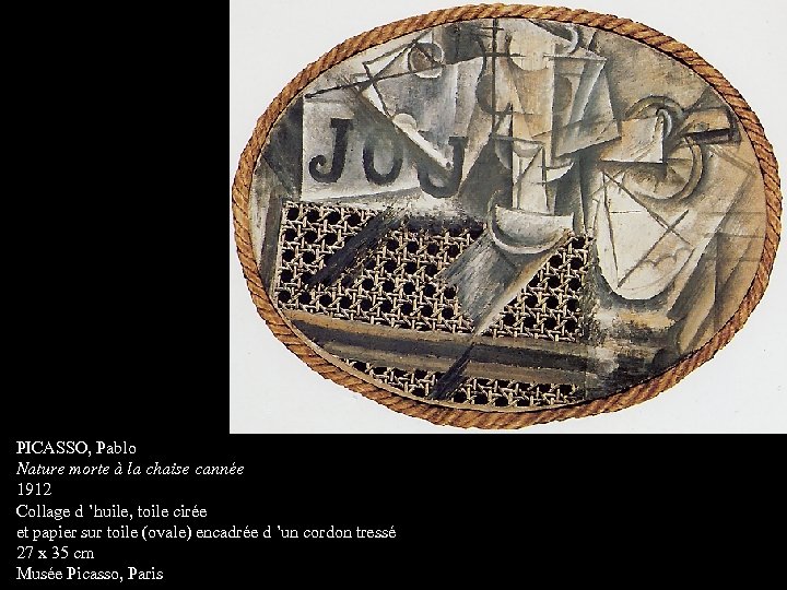 PICASSO, Pablo Nature morte à la chaise cannée 1912 Collage d ’huile, toile cirée