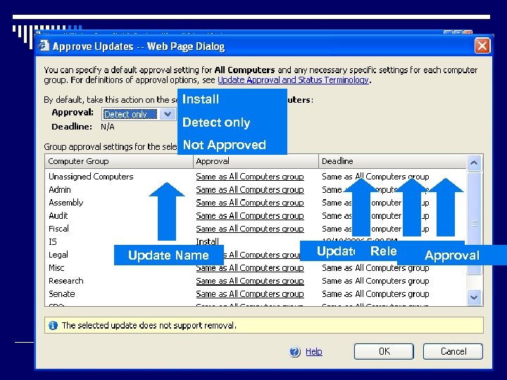 Install Detect only Not Approved Update Name Update Type Release Date Approval 