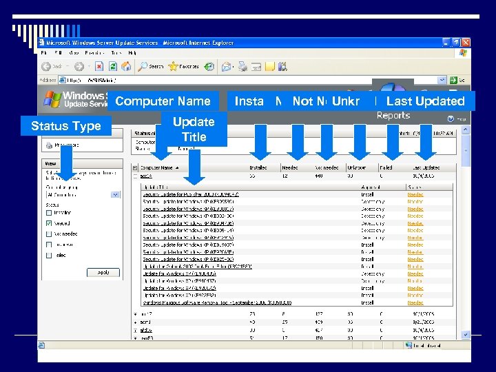 Reporting Computer Name Status Type Update Title Installed Not Needed Failed Updated Needed Unknown.