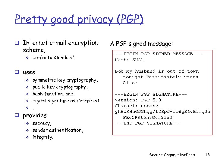 Pretty good privacy (PGP) q Internet e-mail encryption scheme, v de-facto standard. q uses