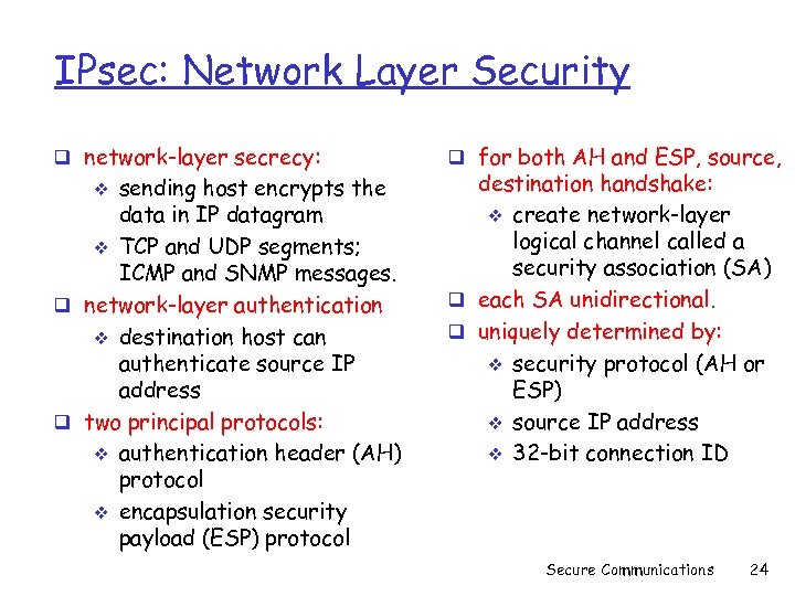 IPsec: Network Layer Security q network-layer secrecy: sending host encrypts the data in IP