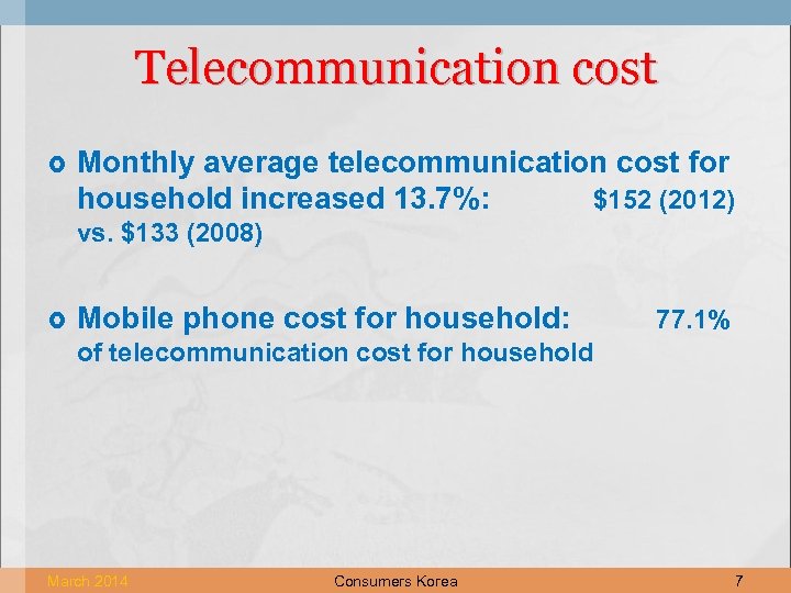 Telecommunication cost Monthly average telecommunication cost for household increased 13. 7%: $152 (2012) vs.