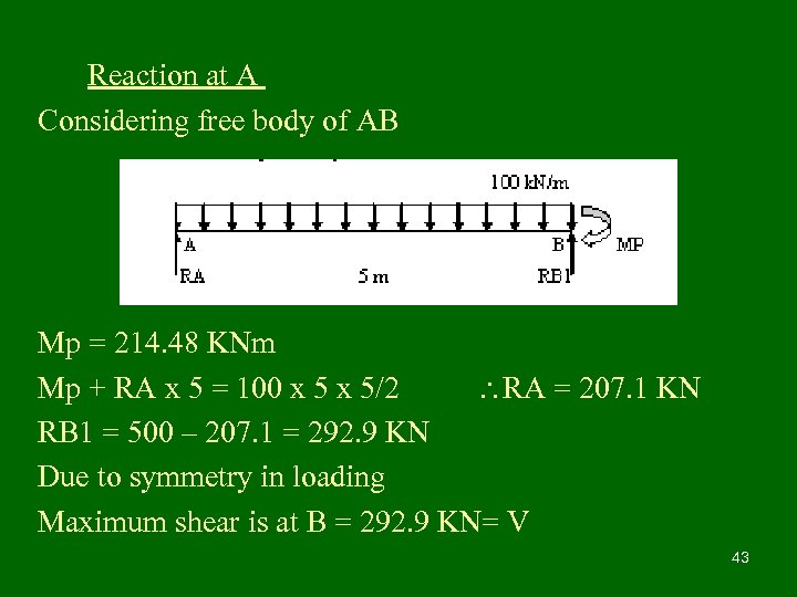 Reaction at A Considering free body of AB Mp = 214. 48 KNm Mp