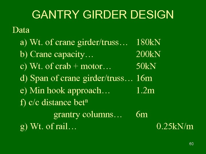 GANTRY GIRDER DESIGN Data a) Wt. of crane girder/truss… 180 k. N b) Crane