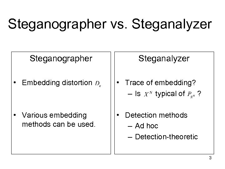 Steganographer vs. Steganalyzer Steganographer Steganalyzer • Embedding distortion • Trace of embedding? – Is