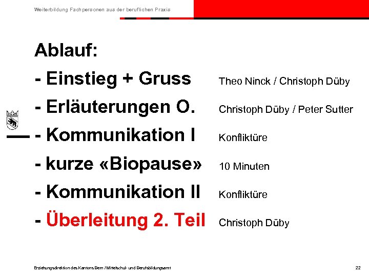 Weiterbildung Fachpersonen aus der beruflichen Praxis Ablauf: - Einstieg + Gruss Theo Ninck /